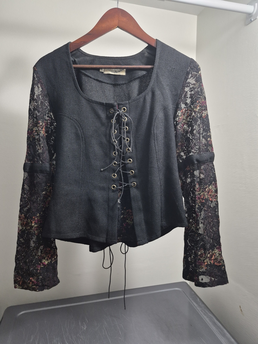 Vintage Black Lace-Up Top with Floral Lace Sleeves